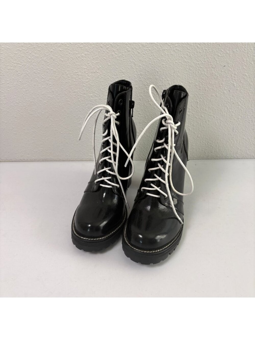 Jeffrey Campbell Legion Boots Size 9.5 M Black Leather Heel White Lace Zip Up